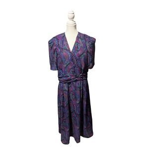 Leslie Fay Vintage Paisley Midi Dress‎ Size 14 • Bold 80s Shoulder Pads
